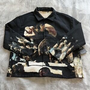 Rebel Jacket Mens Large Black Allover Wrestling Print Art Button‎ Front Shacket